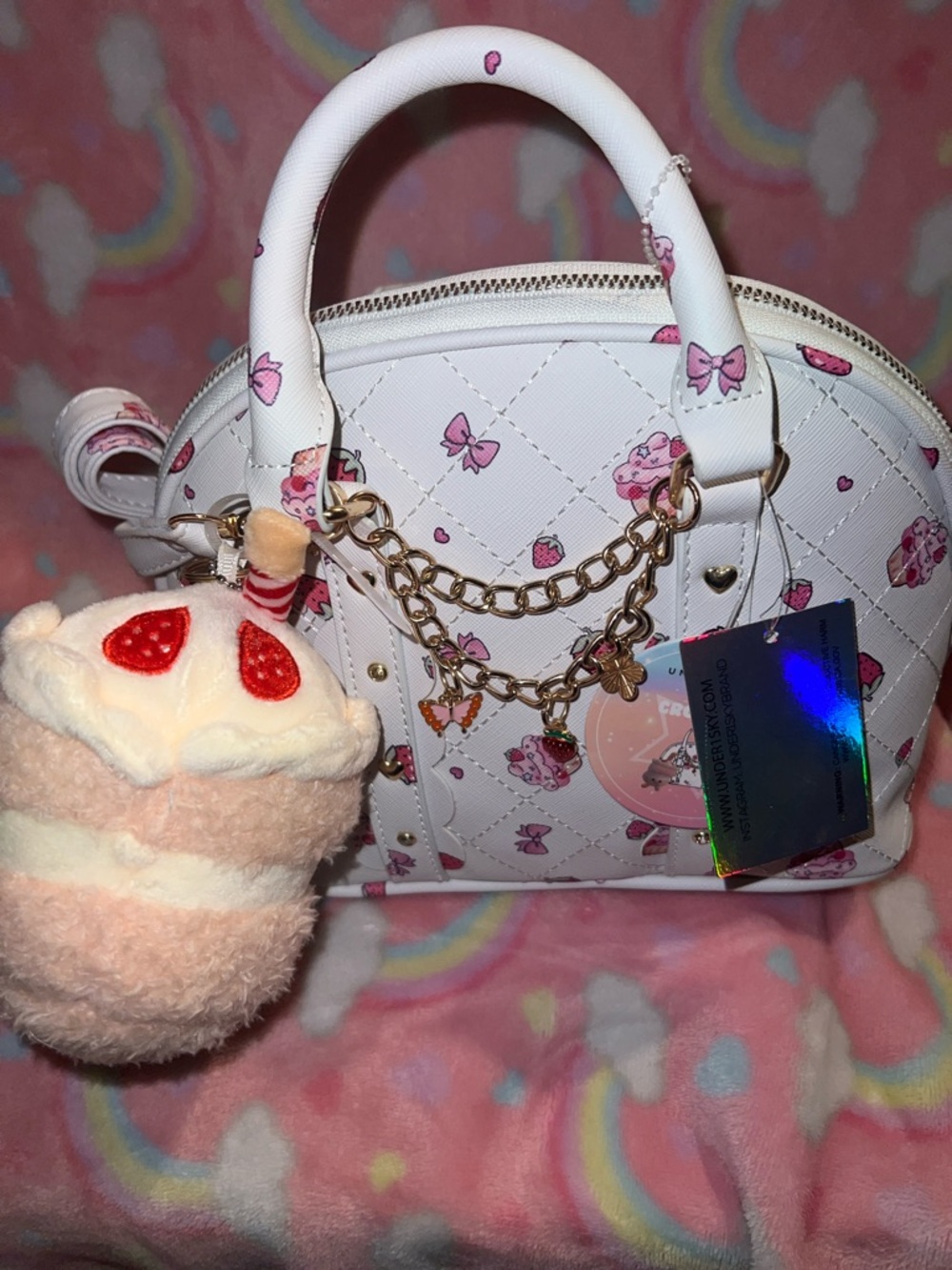 White Quilted Mini Satchel with Pink Bow & Strawberry Print